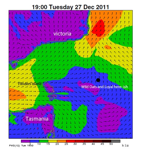 1900 Tuesday 27th Dec (adpated from forecast image by Predict Wind) - Rolex Sydney Hobart Yacht Race 2011 © Crosbie Lorimer http://www.crosbielorimer.com